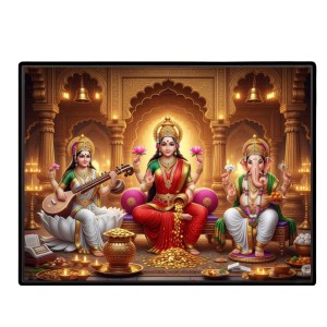 Lord Ganesha Maa Laxmi Sarswati Laminated Photo - 9x11 Inches, Divine Blessings For Home & Office And Temple Decoration (F16102)