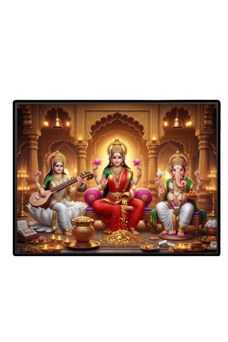 Lord Ganesha Maa Laxmi Sarswati Laminated Photo - 9x11 Inches, Divine Blessings For Home & Office And Temple Decoration (F16102)
