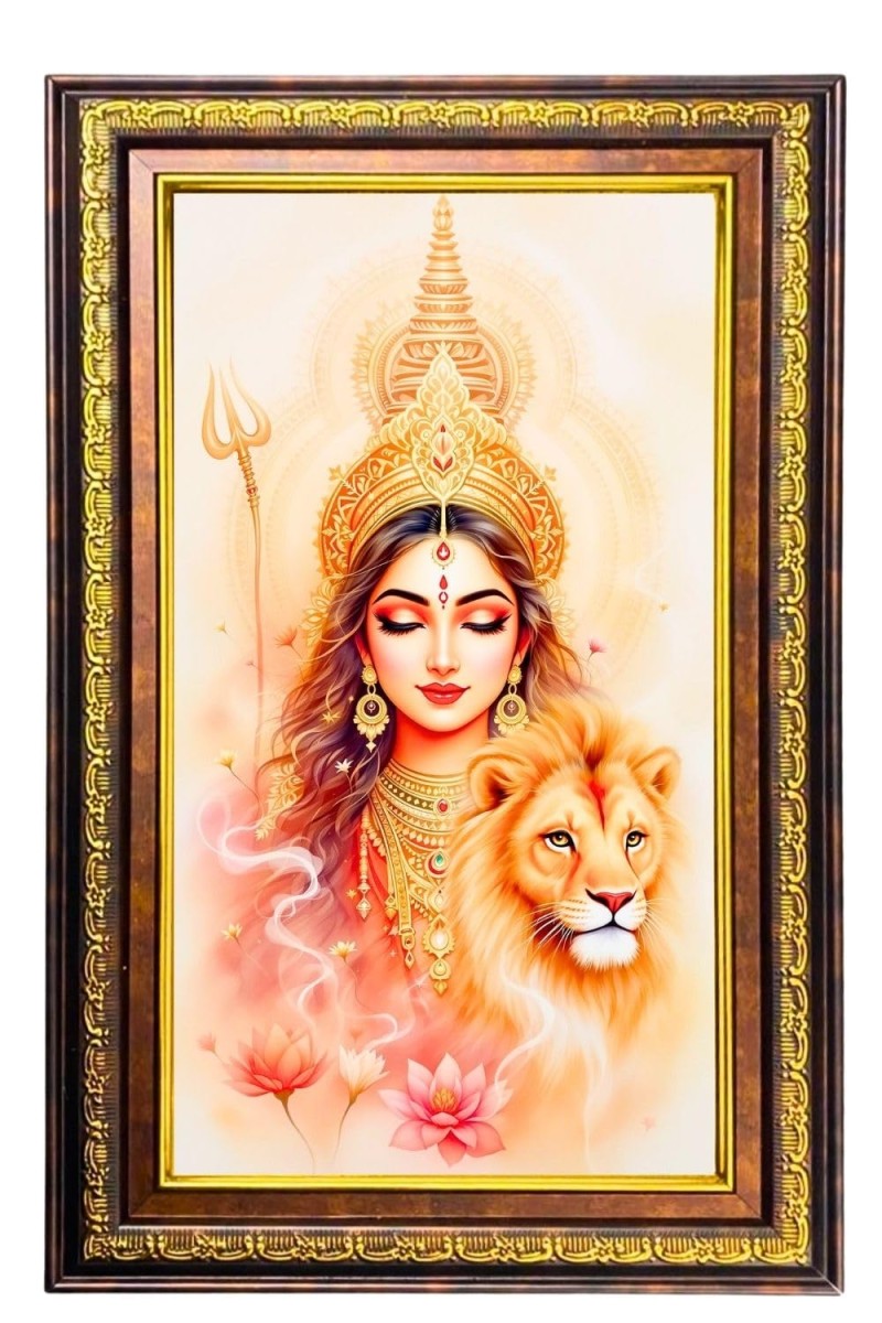 Goddess Durga Digital Golden Balck Color Photo Frame | Hindu Religious Wall Decor | 10x16 Inches - Inspirational Wall Art For Office, Home Decor - Ideal Spiritual Gift (F16837)