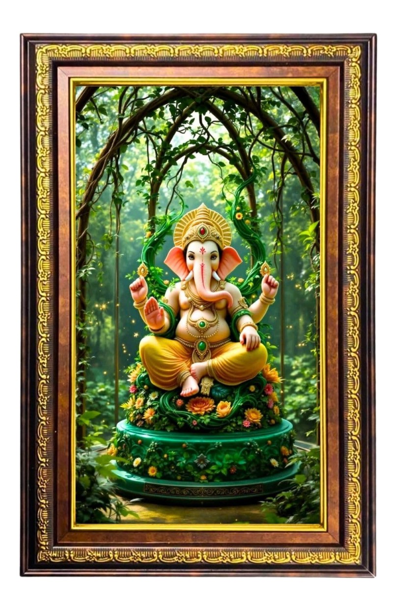 Lord Ganesha Digital Golden Balck Color Photo Frame | Hindu Religious Wall Decor | 18x24 Inches - Inspirational Wall Art For Office, Home Decor - Ideal Spiritual Gift (F16583)