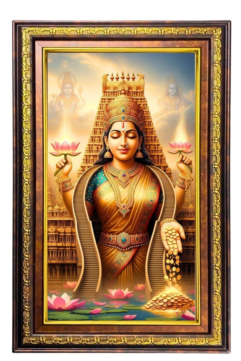 Goddess Lakshmi Digital Golden Balck Color Photo Frame | Hindu Religious Wall Decor | 12x18 Inches - Inspirational Wall Art For Office, Home Decor - Ideal Spiritual Gift (F16762)