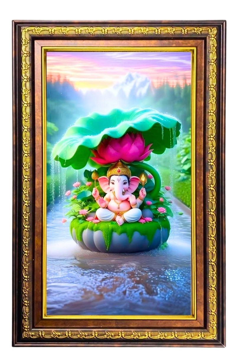 Lord Ganesha Digital Golden Balck Color Photo Frame | Hindu Religious Wall Decor | 18x24 Inches - Inspirational Wall Art For Office, Home Decor - Ideal Spiritual Gift (F16813)