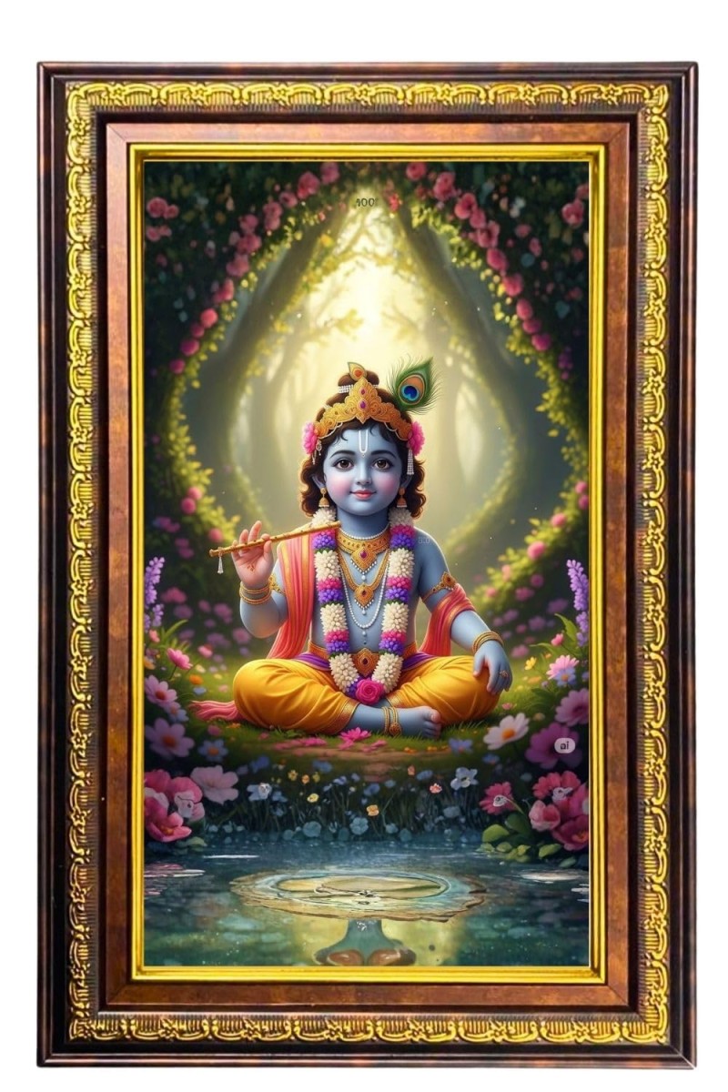Lord Krishna Digital Golden Balck Color Photo Frame | Hindu Religious Wall Decor | 12x18 Inches - Inspirational Wall Art For Office, Home Decor - Ideal Spiritual Gift (F16799)