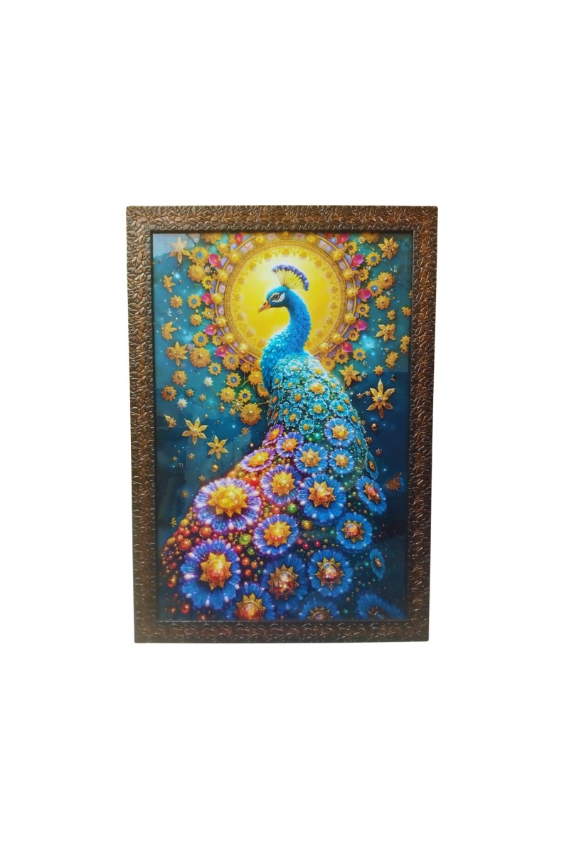 Majestic Peacock with Floral Halo Wall Art – 3D Embellished Decorative Frame Painting (size13.5/19.5 inches)