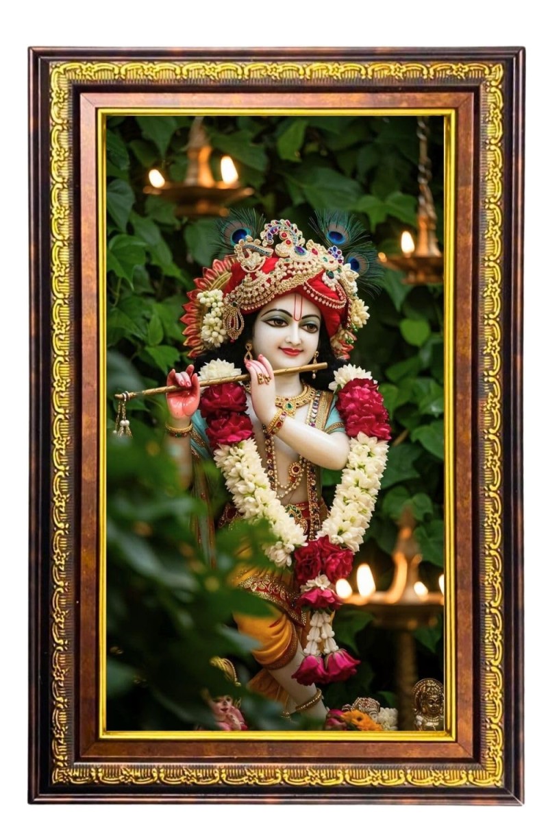 Lord Krishna Digital Golden Balck Color Photo Frame | Hindu Religious Wall Decor | 18x24 Inches - Inspirational Wall Art For Office, Home Decor - Ideal Spiritual Gift (F16478)