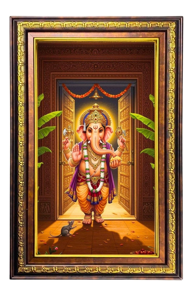 Lord Ganesha Digital Golden Balck Color Photo Frame | Hindu Religious Wall Decor | 10x16 Inches - Inspirational Wall Art For Office, Home Decor - Ideal Spiritual Gift (F16958)