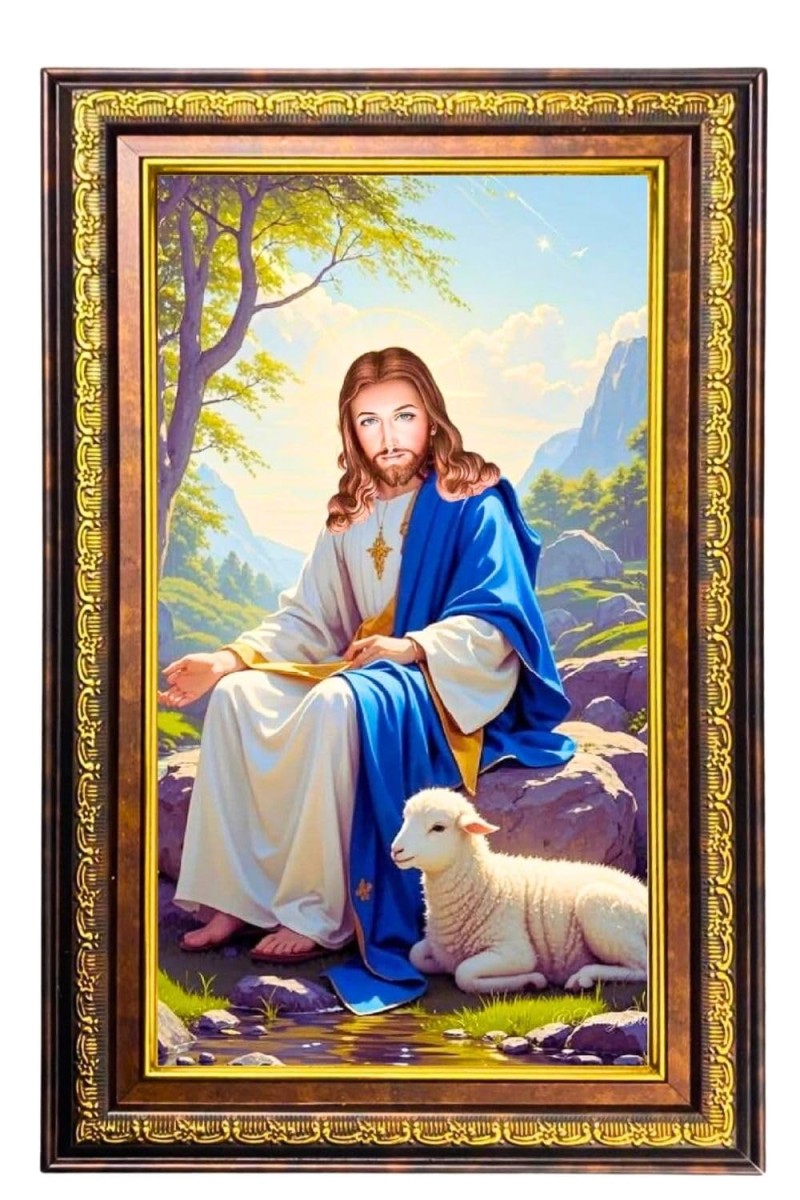 Lord Jesus Digital Golden Balck Color Photo Frame | Hindu Religious Wall Decor | 18x24 Inches - Inspirational Wall Art For Office, Home Decor - Ideal Spiritual Gift (F16736)