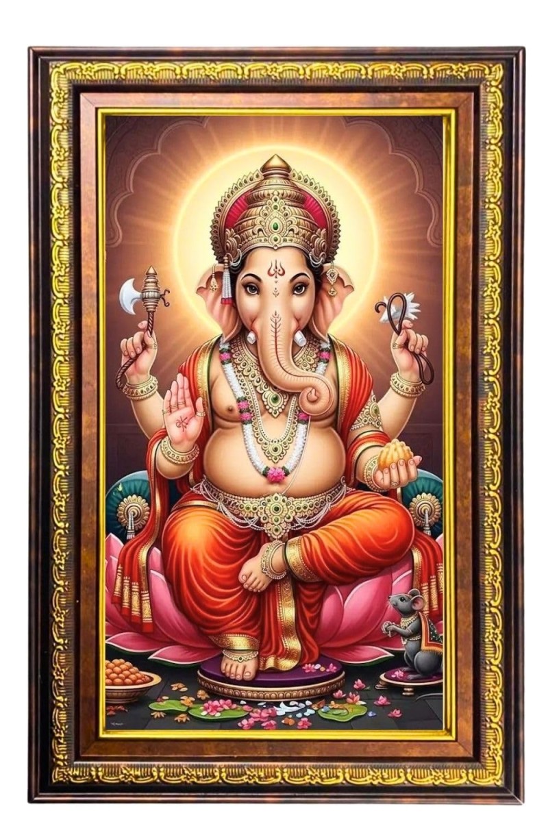 Lord Ganesha Digital Golden Balck Color Photo Frame | Hindu Religious Wall Decor | 18x24 Inches - Inspirational Wall Art For Office, Home Decor - Ideal Spiritual Gift (F16501)