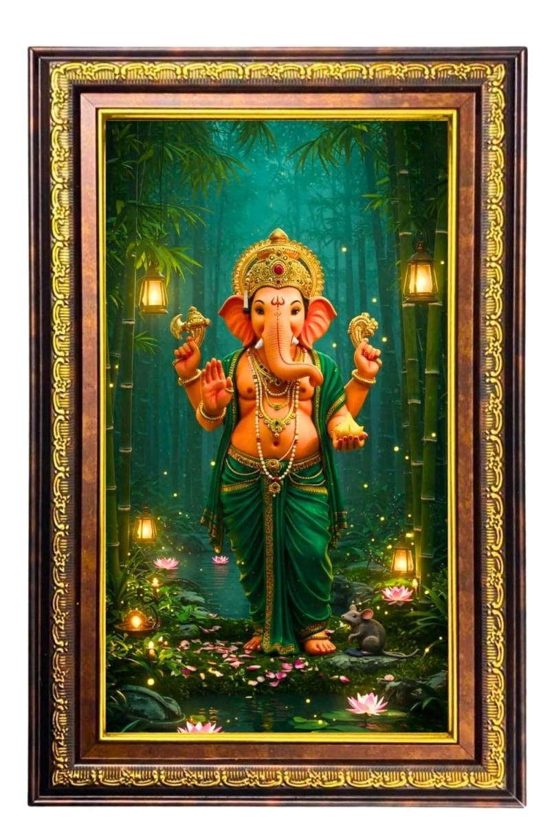 Lord Ganesha Digital Golden Balck Color Photo Frame | Hindu Religious Wall Decor | 18x24 Inches - Inspirational Wall Art For Office, Home Decor - Ideal Spiritual Gift (F16582)