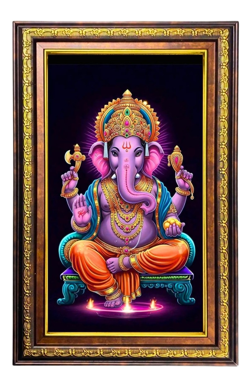 Lord Ganesha Digital Golden Balck Color Photo Frame | Hindu Religious Wall Decor | 18x24 Inches - Inspirational Wall Art For Office, Home Decor - Ideal Spiritual Gift (F16659)