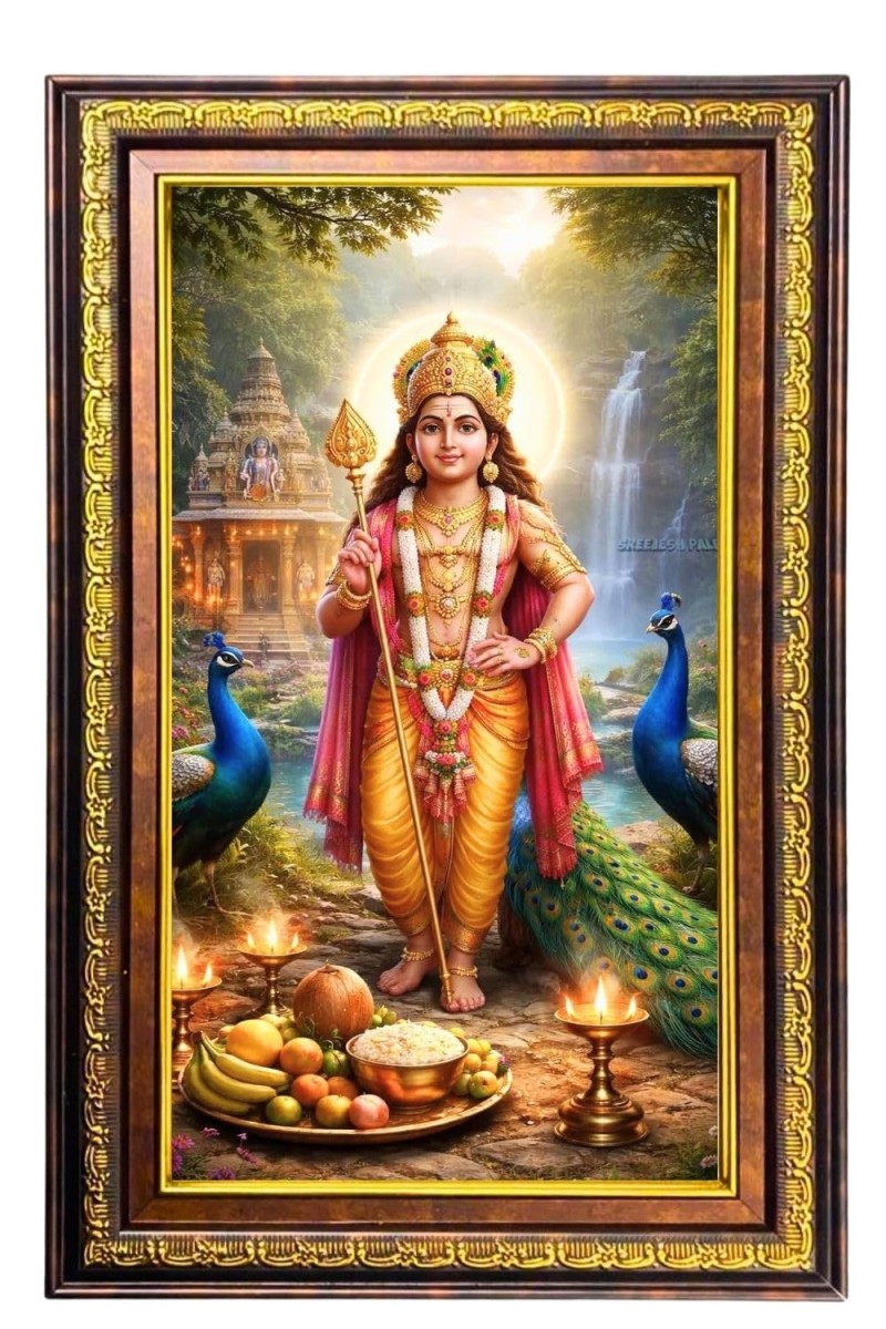 Lord Murugan Digital Golden Balck Color Photo Frame | Hindu Religious Wall Decor | 10x16 Inches - Inspirational Wall Art For Office, Home Decor - Ideal Spiritual Gift (F16484)