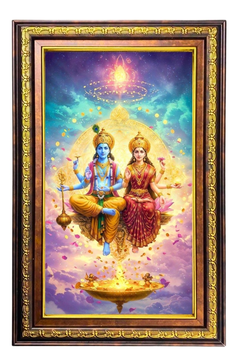 Lord Vishnu Lakshmi Digital Golden Balck Color Photo Frame | Hindu Religious Wall Decor | 12x18 Inches - Inspirational Wall Art For Office, Home Decor - Ideal Spiritual Gift (F16716)