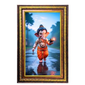 Lord Ganesha Digital Golden Balck Color Photo Frame | Hindu Religious Wall Decor | 18x24 Inches - Inspirational Wall Art For Office, Home Decor - Ideal Spiritual Gift (F16829)