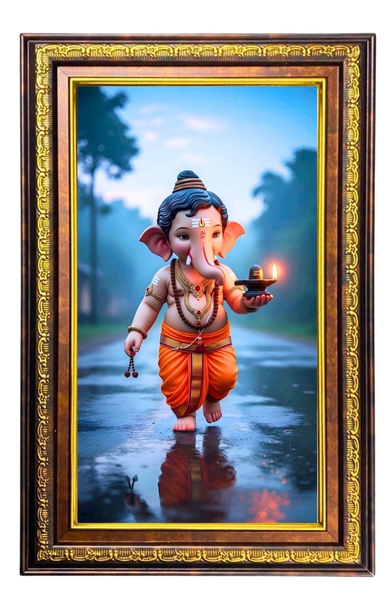 Lord Ganesha Digital Golden Balck Color Photo Frame | Hindu Religious Wall Decor | 18x24 Inches - Inspirational Wall Art For Office, Home Decor - Ideal Spiritual Gift (F16829)
