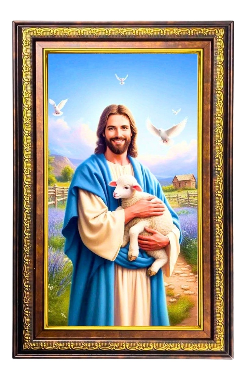 Lord Jesus Digital Golden Balck Color Photo Frame | Hindu Religious Wall Decor | 16x22 Inches - Inspirational Wall Art For Office, Home Decor - Ideal Spiritual Gift (F16734)