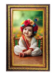 Lord Krishna Digital Golden Balck Color Photo Frame | Hindu Religious Wall Decor | 10x16 Inches - Inspirational Wall Art For Office, Home Decor - Ideal Spiritual Gift (F16792)