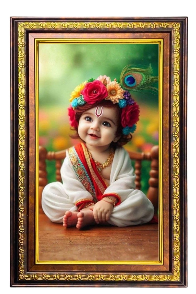 Lord Krishna Digital Golden Balck Color Photo Frame | Hindu Religious Wall Decor | 10x16 Inches - Inspirational Wall Art For Office, Home Decor - Ideal Spiritual Gift (F16792)