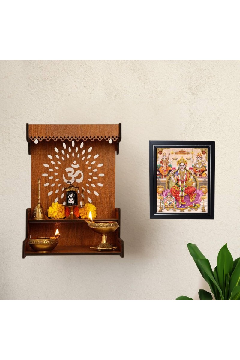 Hitech Sales Sri Lakshmi Mata,Ganesh Ji,Saraswati Mata Photo Frame for Pooja Room, Temple Decor, Home Decoration and Gift (Wall and Tabletop, Rectangular, Printed Photo, 12 x 14 inches Frame, Brown)
