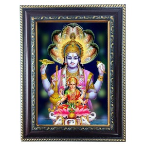 Hitech Sales Lord Vishnu Mata with Laxmi Photo Frame for Pooja Room, Temple and Home Decoration, Printed Photo with Floral Design Polystyrene Frame, 5 x 7 Inches - Brown, Ideal for Gifting (Pack of 1)