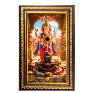 Lord Ganesha Digital Golden Balck Color Photo Frame | Hindu Religious Wall Decor | 18x24 Inches - Inspirational Wall Art For Office, Home Decor - Ideal Spiritual Gift (F16885)