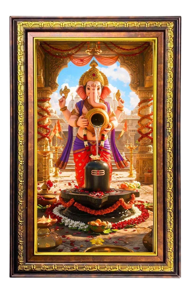 Lord Ganesha Digital Golden Balck Color Photo Frame | Hindu Religious Wall Decor | 18x24 Inches - Inspirational Wall Art For Office, Home Decor - Ideal Spiritual Gift (F16885)
