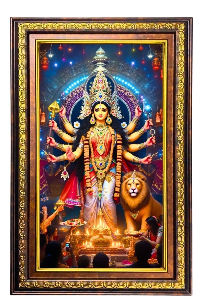 Goddess Durga Digital Golden Balck Color Photo Frame | Hindu Religious Wall Decor | 14x20 Inches - Inspirational Wall Art For Office, Home Decor - Ideal Spiritual Gift (F16906)
