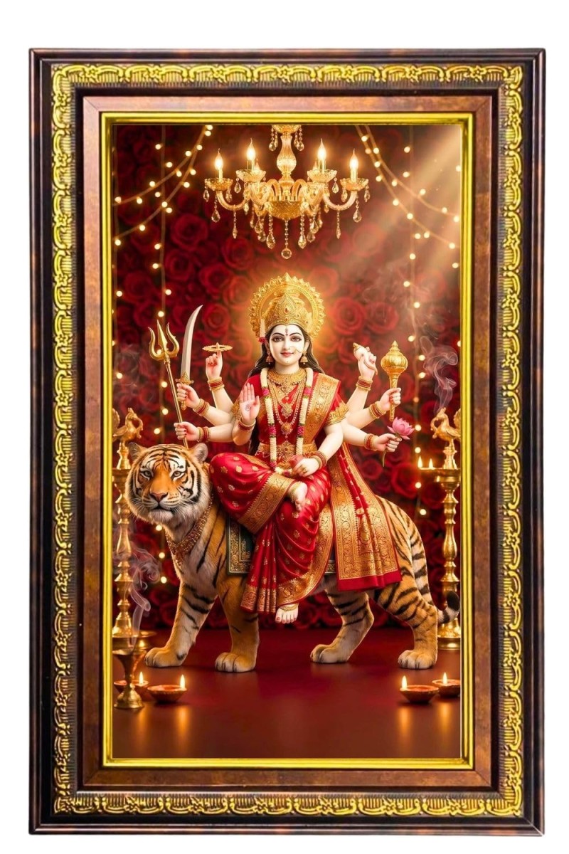 Goddess Durga Digital Golden Balck Color Photo Frame | Hindu Religious Wall Decor | 14x20 Inches - Inspirational Wall Art For Office, Home Decor - Ideal Spiritual Gift (F16904)