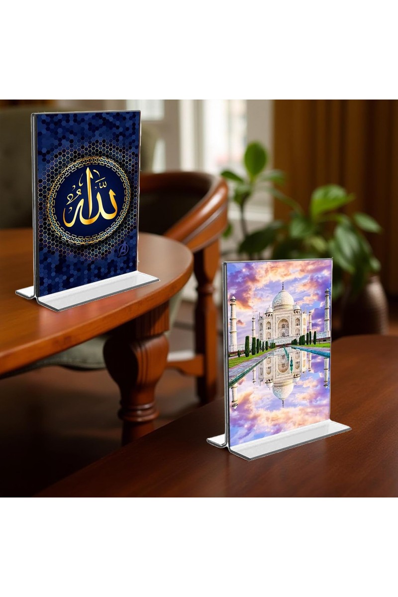 Taj Mahal Islamic Allah Acrylic T-Style Table Desk Both Side Photo Stand - 5x7 Inches, Compact and Stylish Spiritual Display, Easy to change 2 photos (Pack of 1)