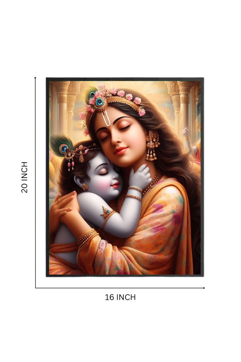 Divine Krishna with Yashoda Mata Wood-Laminated Photo Frame: Versatile Décor for Wall, Table, and Sacred Spaces - Ideal for Gifts, Puja, and Living Room Ambiance