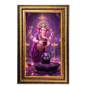 Lord Ganesha Digital Golden Balck Color Photo Frame | Hindu Religious Wall Decor | 18x24 Inches - Inspirational Wall Art For Office, Home Decor - Ideal Spiritual Gift (F16826)