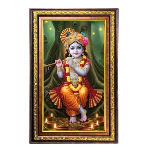 Lord Krishna Digital Golden Balck Color Photo Frame | Hindu Religious Wall Decor | 18x24 Inches - Inspirational Wall Art For Office, Home Decor - Ideal Spiritual Gift (F16479)