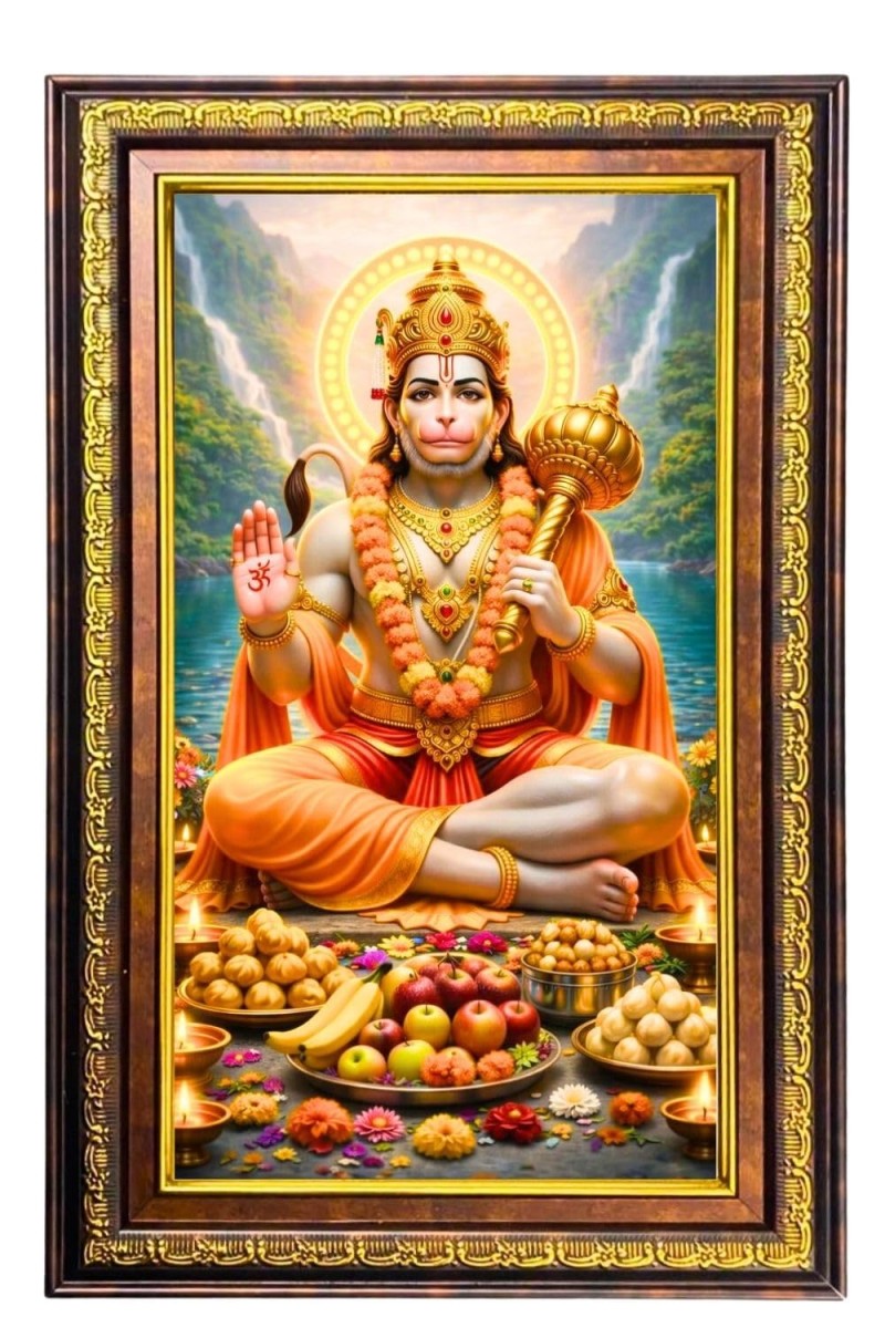 Lord Hanuman Digital Golden Balck Color Photo Frame | Hindu Religious Wall Decor | 18x24 Inches - Inspirational Wall Art For Office, Home Decor - Ideal Spiritual Gift (F16874)