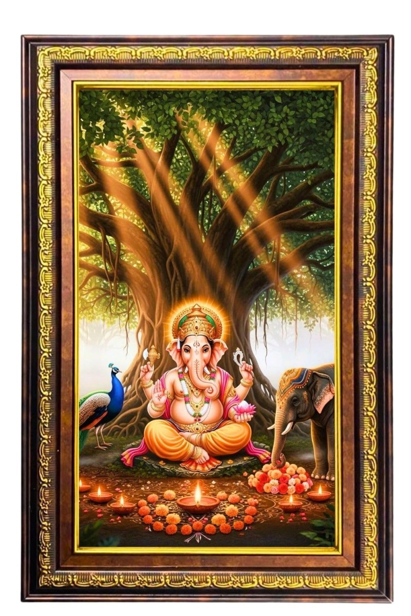 Lord Ganesha Digital Golden Balck Color Photo Frame | Hindu Religious Wall Decor | 18x24 Inches - Inspirational Wall Art For Office, Home Decor - Ideal Spiritual Gift (F16584)