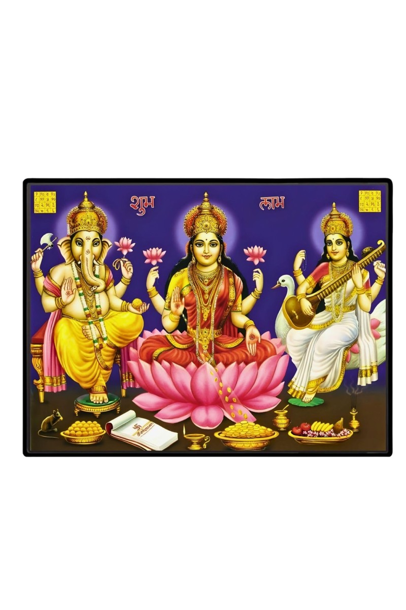 Lord Ganesha Maa Laxmi Sarswati Laminated Photo - 7x9 Inches, Divine Blessings For Home & Office And Temple Decoration (F16126)