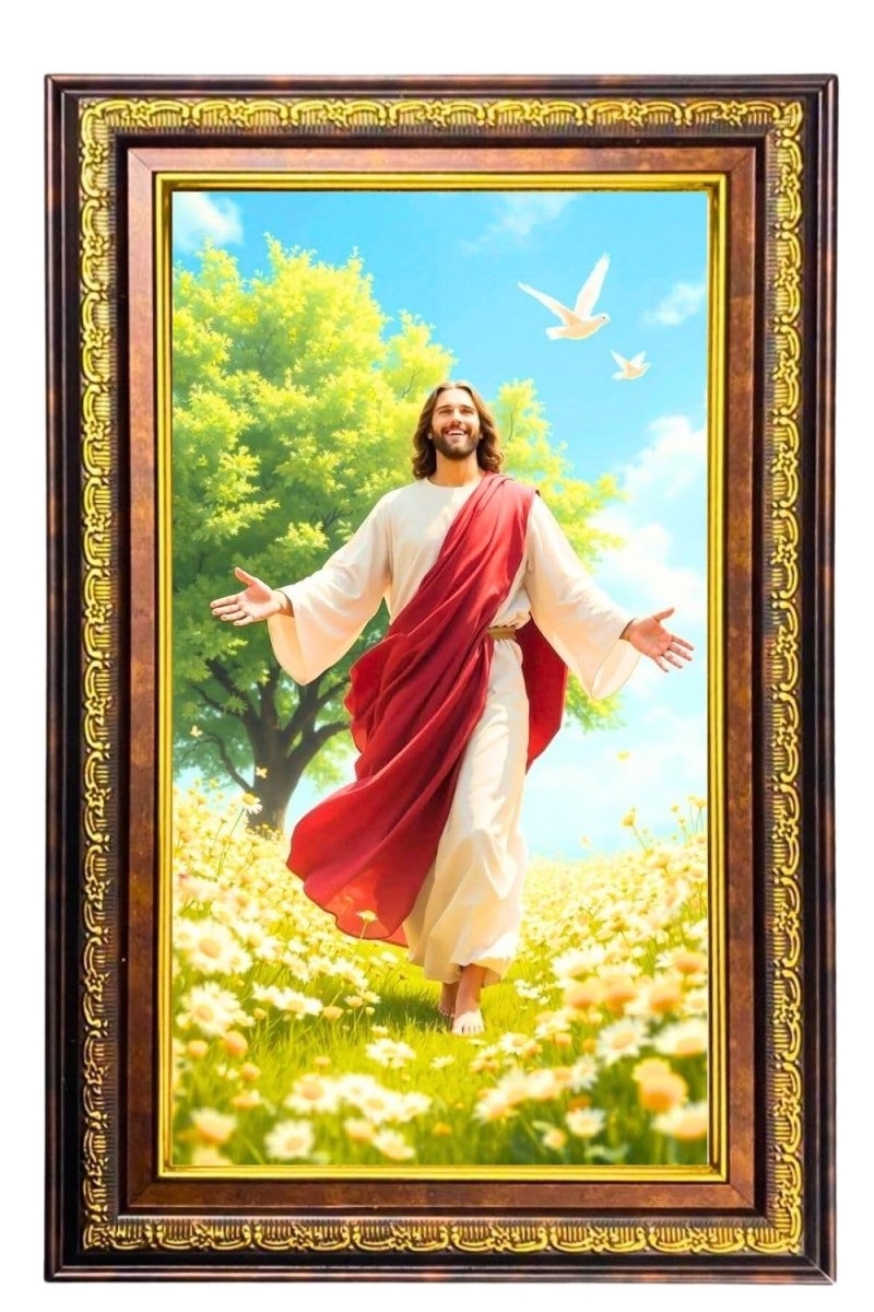 Lord Jesus Digital Golden Balck Color Photo Frame | Hindu Religious Wall Decor | 16x22 Inches - Inspirational Wall Art For Office, Home Decor - Ideal Spiritual Gift (F16739)