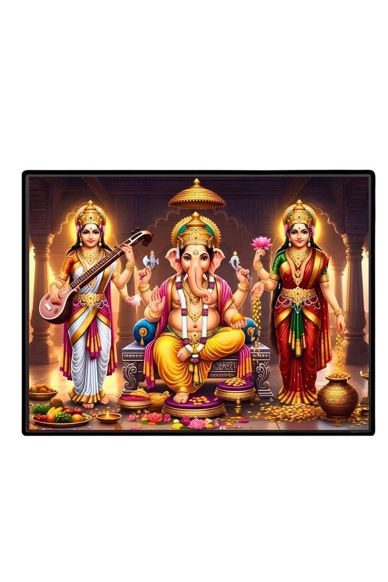 Lord Ganesha Maa Laxmi Sarswati Laminated Photo - 9x11 Inches, Divine Blessings For Home & Office And Temple Decoration (F16143)