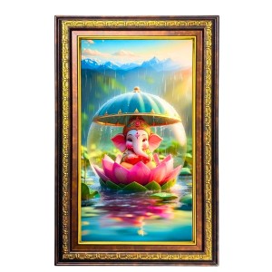 Lord Ganesha Digital Golden Balck Color Photo Frame | Hindu Religious Wall Decor | 18x24 Inches - Inspirational Wall Art For Office, Home Decor - Ideal Spiritual Gift (F16815)