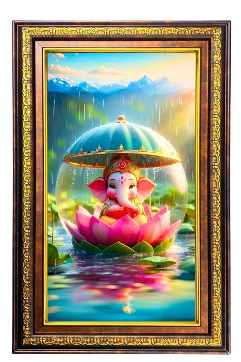 Lord Ganesha Digital Golden Balck Color Photo Frame | Hindu Religious Wall Decor | 18x24 Inches - Inspirational Wall Art For Office, Home Decor - Ideal Spiritual Gift (F16815)