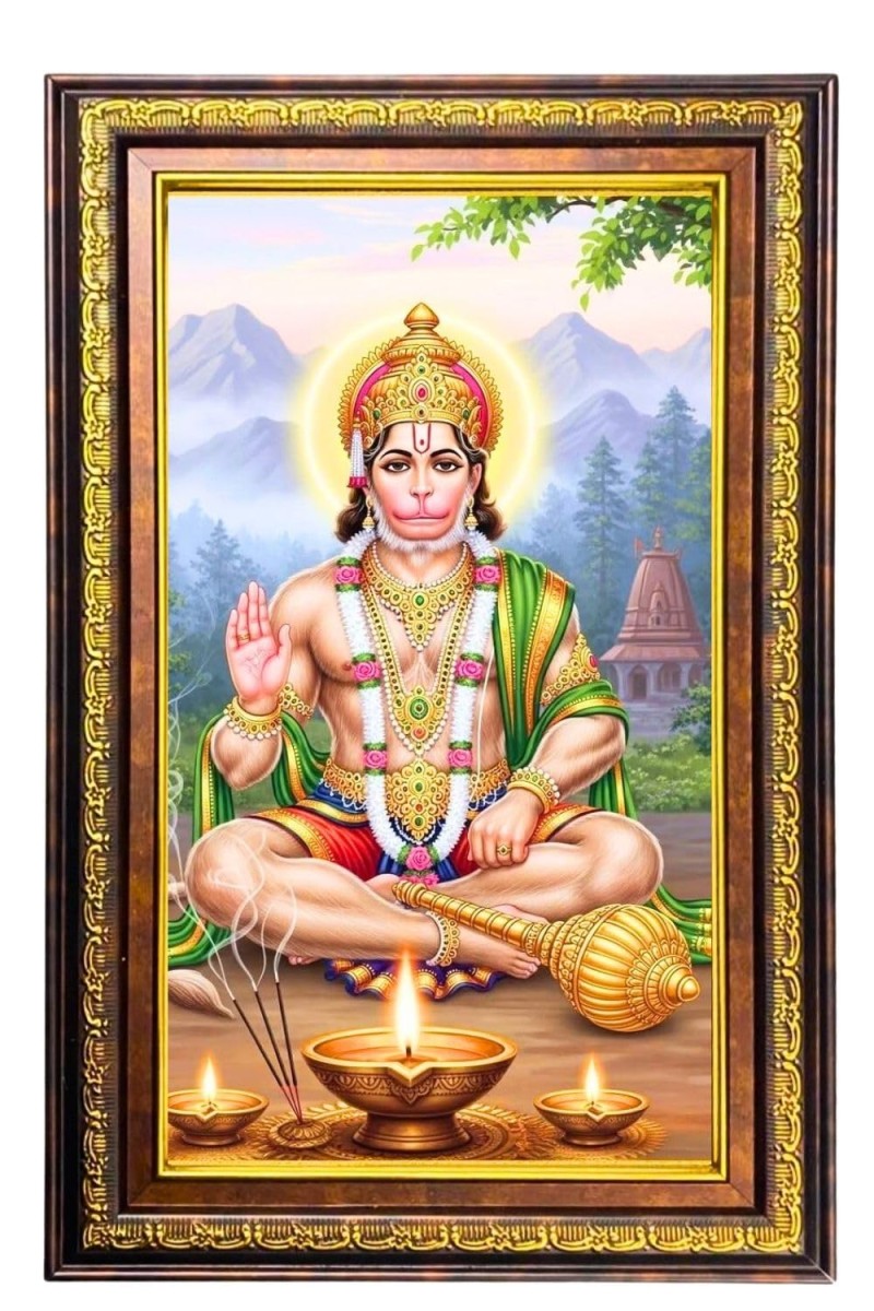 Lord Hanuman Digital Golden Balck Color Photo Frame | Hindu Religious Wall Decor | 12x18 Inches - Inspirational Wall Art For Office, Home Decor - Ideal Spiritual Gift (F16702)