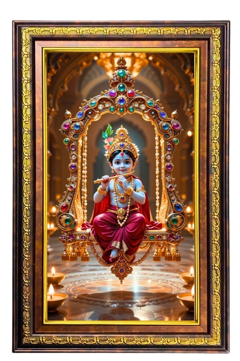 Lord Krishna Digital Golden Balck Color Photo Frame | Hindu Religious Wall Decor | 16x22 Inches - Inspirational Wall Art For Office, Home Decor - Ideal Spiritual Gift (F16930)