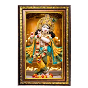 Lord Krishna Digital Golden Balck Color Photo Frame | Hindu Religious Wall Decor | 18x24 Inches - Inspirational Wall Art For Office, Home Decor - Ideal Spiritual Gift (F16654)