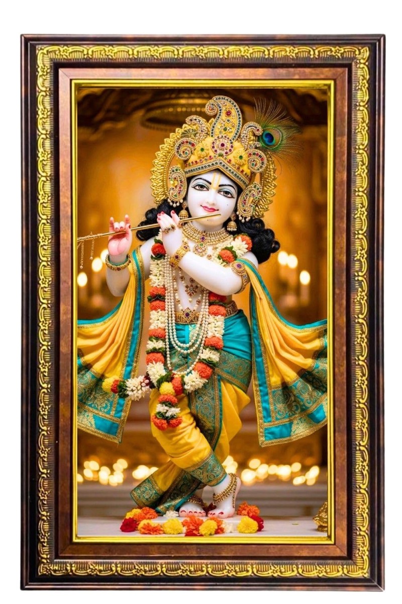 Lord Krishna Digital Golden Balck Color Photo Frame | Hindu Religious Wall Decor | 18x24 Inches - Inspirational Wall Art For Office, Home Decor - Ideal Spiritual Gift (F16654)