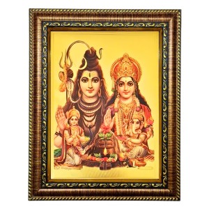 Hitech Sales Lord Shivji Family shiv Parvati Kartik Ganesh gold plated photo with Waterproof Glass Cover 9X7 for Table, Temple Wall, Mandir, Home Decor