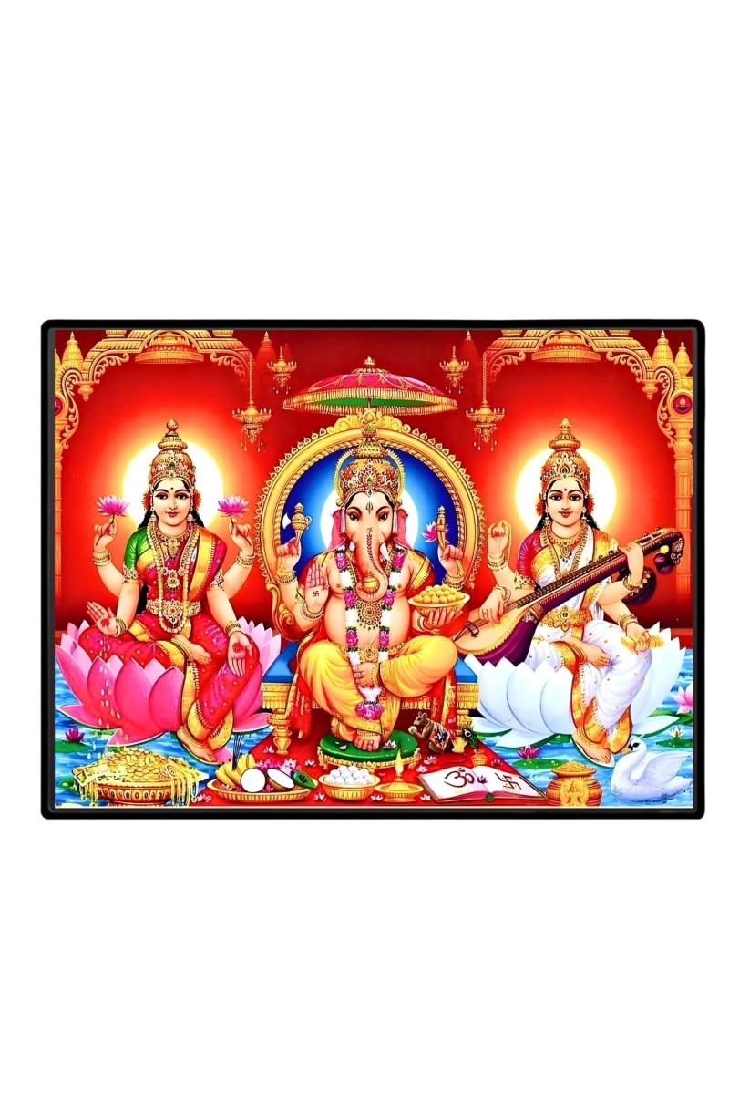 Lord Ganesha Maa Laxmi Sarswati Laminated Photo - 9x11 Inches, Divine Blessings For Home & Office And Temple Decoration (F16140)