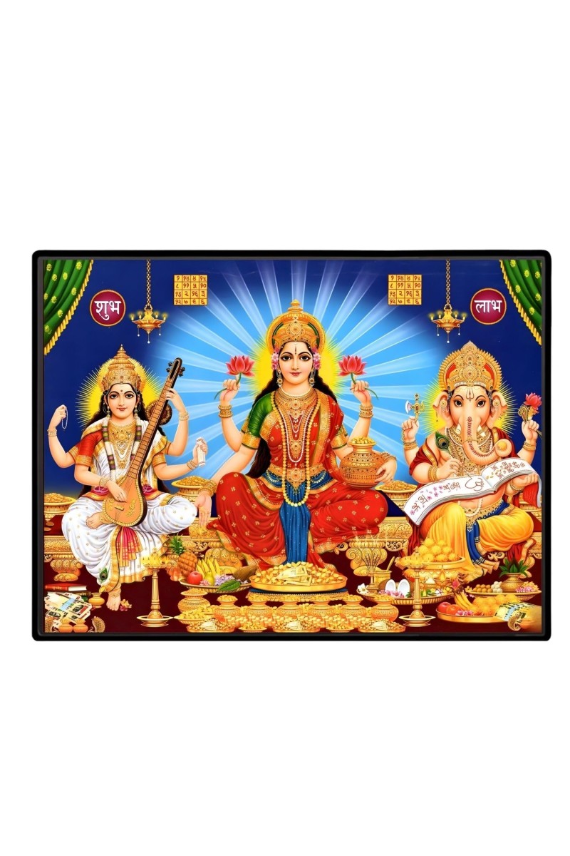 Lord Ganesha Maa Laxmi Saraswati Laminated Photo - 7x9 Inches, Divine Blessings For Home & Office And Temple Decoration (F16127)