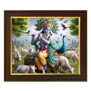 Hitech Sales Lord sri Krishna playing Flute theam ai Photo with Beautiful 12X10 in synthetic Wood Frame With Glass Tabletop Wallmount display for home office Room decor Gift for all occations