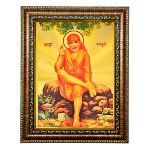 Hitech Sales Lord Sri Sai baba Siridir Sai baba gold plated photo with Light Weighted Waterproof Glass Cover 9X7 Wooden Frames for Table, Temple Wall, Mandir, Gym, and Outdoor Spaces, Home Decor
