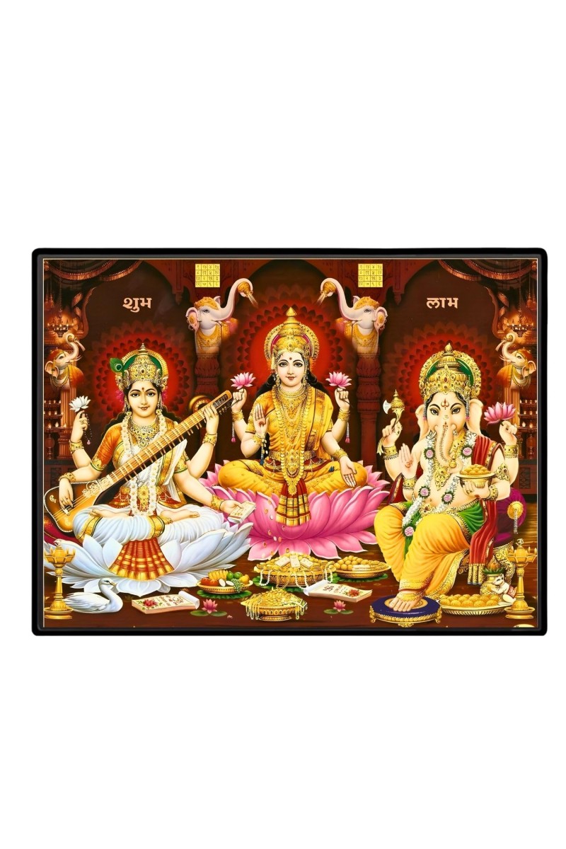 Lord Ganesha Maa Laxmi Sarswati Laminated Photo - 7x9 Inches, Divine Blessings For Home & Office And Temple Decoration (F16128)