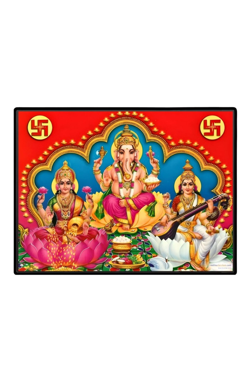 Lord Ganesha Maa Laxmi Sarswati Laminated Photo - 9x11 Inches, Divine Blessings For Home & Office And Temple Decoration (F16138)