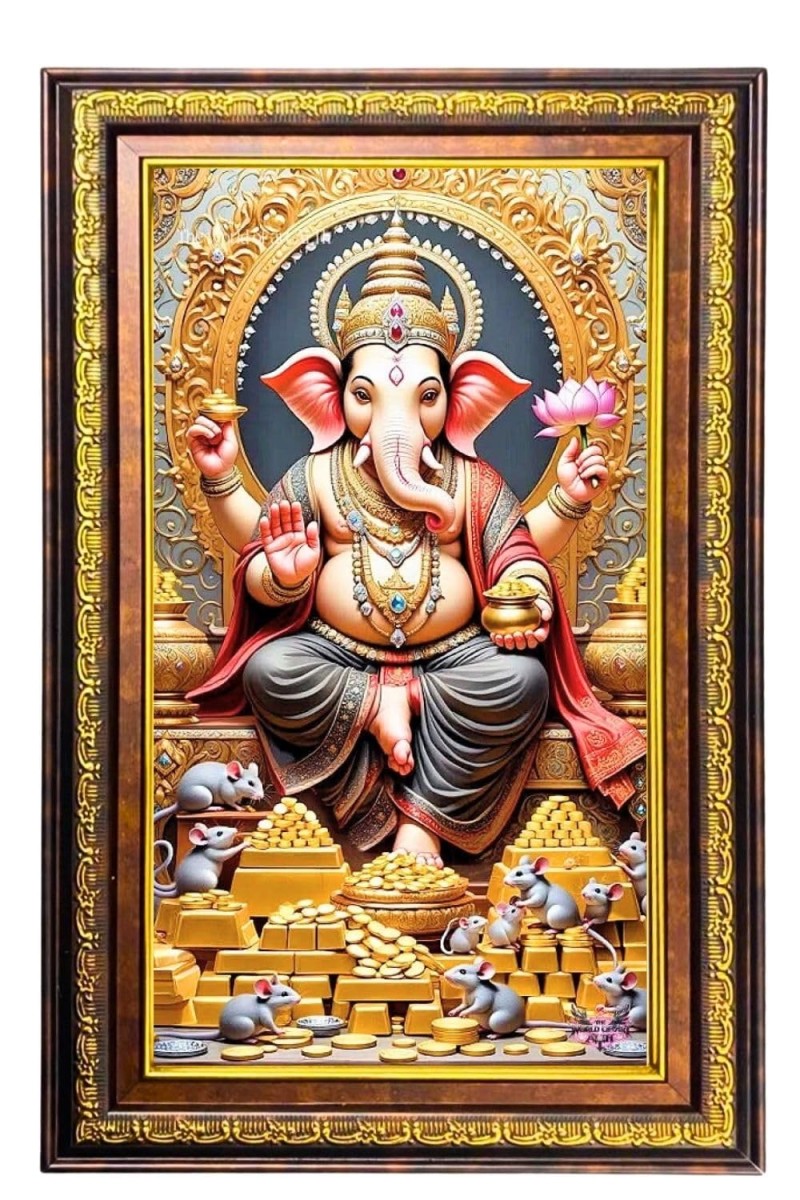 Lord Ganesha Digital Golden Balck Color Photo Frame | Hindu Religious Wall Decor | 16x22 Inches - Inspirational Wall Art For Office, Home Decor - Ideal Spiritual Gift (F16505)
